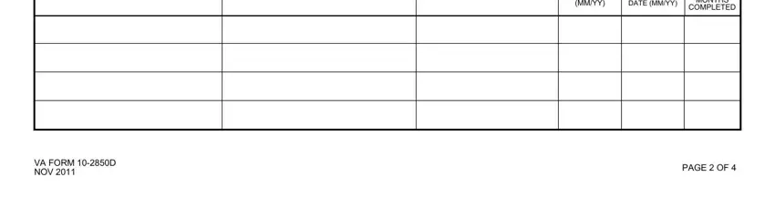 tqcvl form A NAME OF HOSPITAL OR INSTITUTION, B ADDRESS City State and ZIP Code, C SPECIALTY, D START DATE MMYY, EEXPECTED COMPLETION DATE MMYY, F NUMBER OF MONTHS COMPLETED, VA FORM D NOV, and PAGE  OF blanks to complete