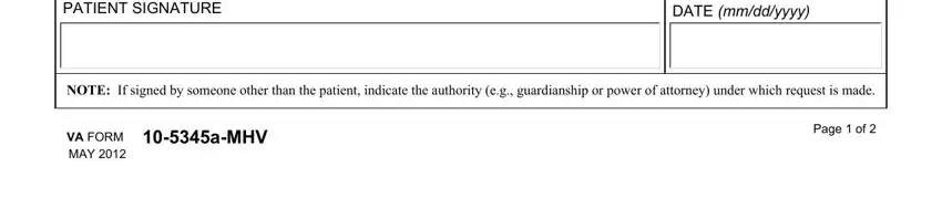 10 5345a mhv form PATIENT SIGNATURE, DATE mmddyyyy, NOTE If signed by someone other, VA FORM MAY, aMHV, and Page  of fields to fill out