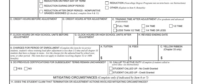 Va Form 1999B REDUCTION ON FIRST DAY OF TERM, REDUCTION DURING DROP PERIOD, REDUCTION AFTER DROP PERIOD, C CREDIT HOURS BEFORE ADJUSTMENT, D CREDIT HOURS AFTER ADJUSTMENT, STUDENT COMPLETED TERM BUT, REDUCTION Noncollege Degree, OTHER Explain in Item  Remarks, E TRAINING TIME AFTER ADJUSTMENT, FULL TIME, TIME, TIME, LESS THAN  TIME, TIME OR LESS, and F CLOCK HOURS OR HIGH SCHOOL UNITS fields to insert