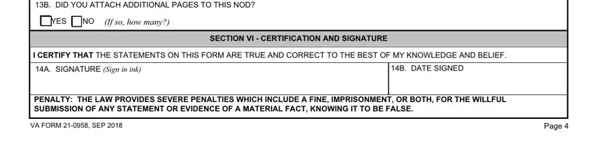 va notice of disagreement B DID YOU ATTACH ADDITIONAL PAGES, YES, If so how many, I CERTIFY THAT THE STATEMENTS ON, A SIGNATURE Sign in ink, B DATE SIGNED, SECTION VI  CERTIFICATION AND, PENALTY THE LAW PROVIDES SEVERE, VA FORM  SEP, and Page blanks to complete