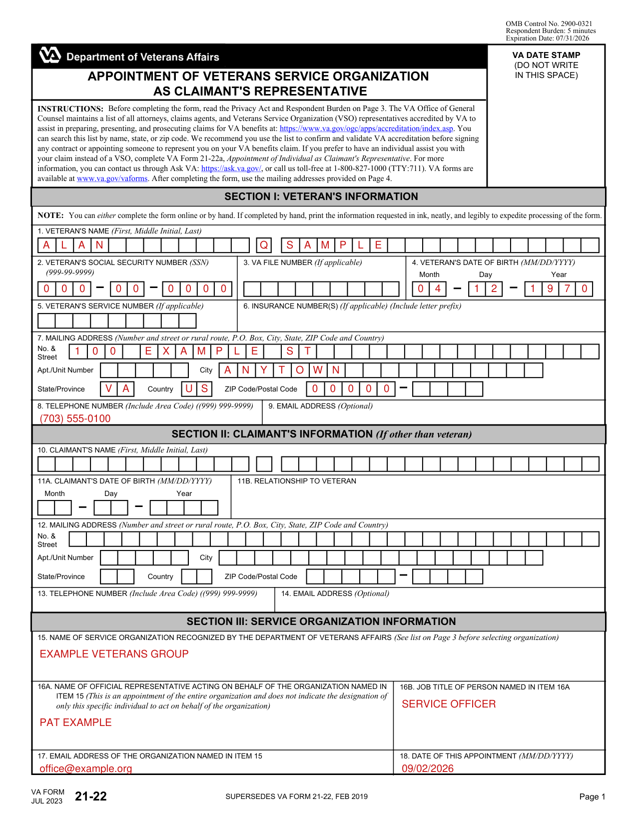 VA Form 21-22 example filled out, example: a veteran appoints a service organization