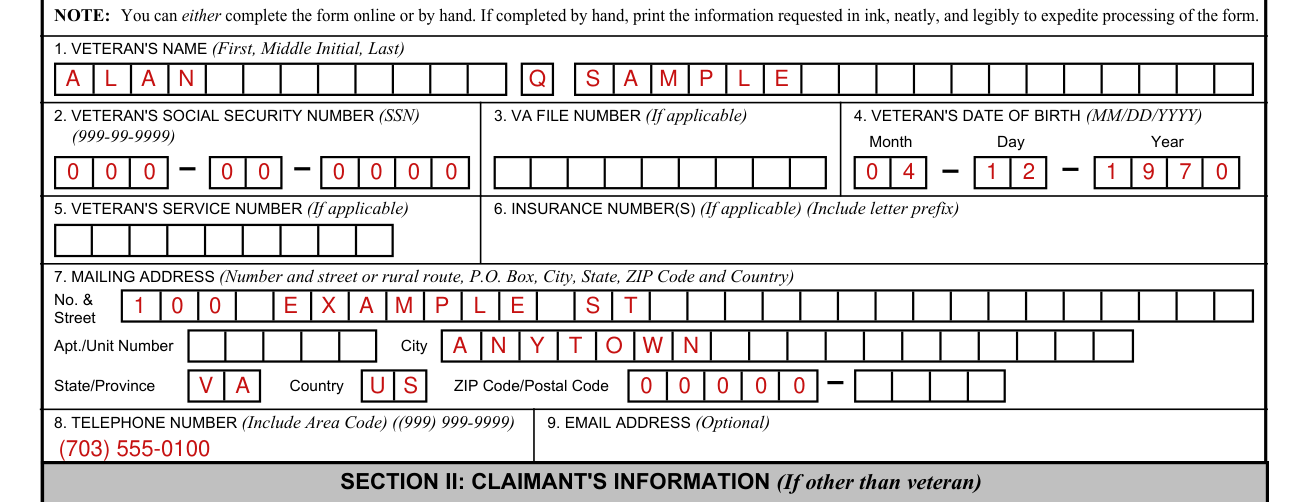 VA Form 21-22 example filled out, section I: The veteran, Boxes 1 to 9