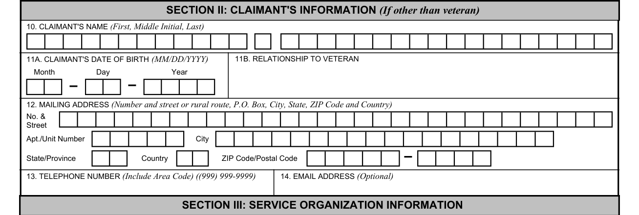 VA Form 21-22 example filled out, section II: The claimant (If other than veteran), Boxes 10 to 14