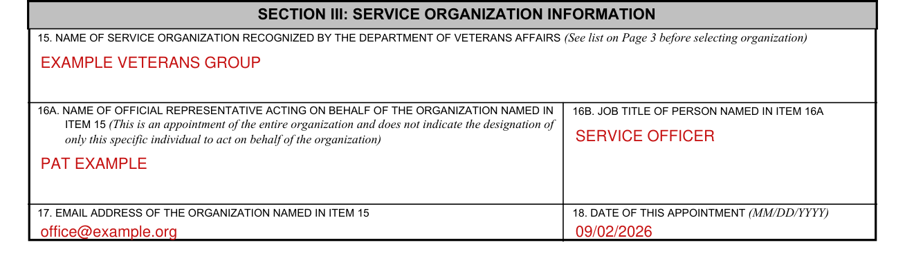VA Form 21-22 example filled out, section III: Service organization, Boxes 15 to 18