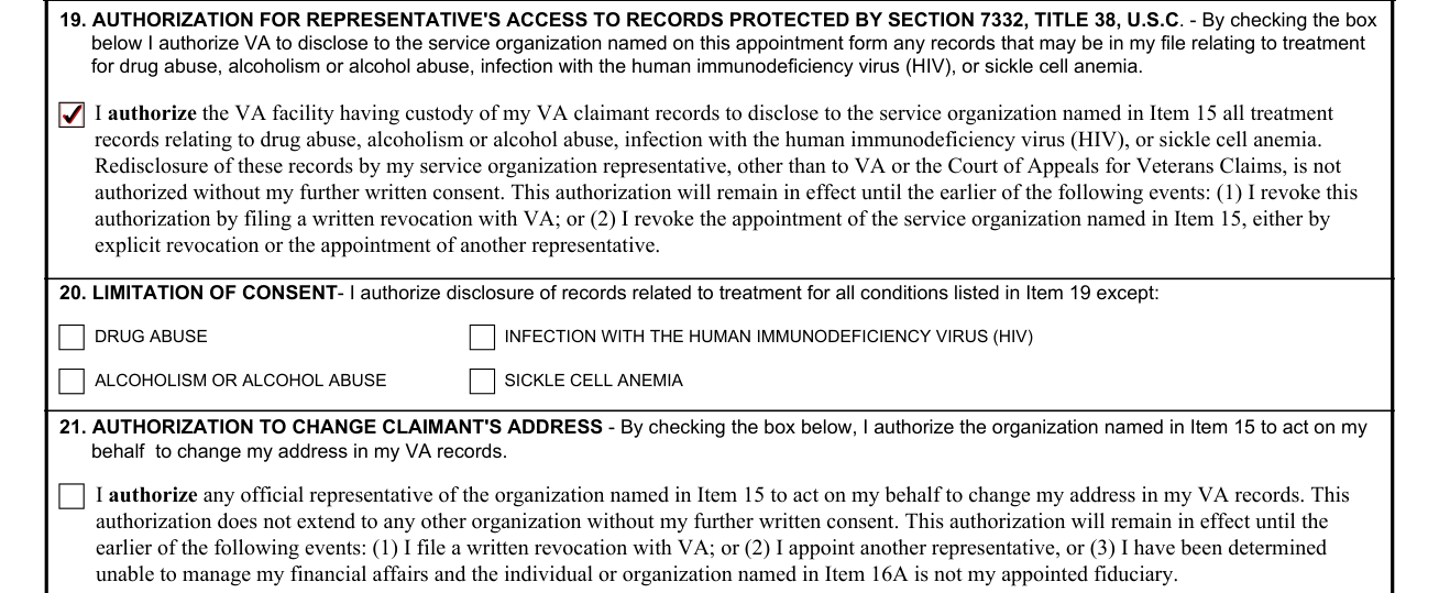 VA Form 21-22 example filled out, section IV: Authorization, Boxes 19 to 21