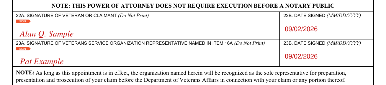 VA Form 21-22 example filled out, section V: Signatures, Boxes 22 and 23