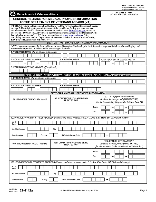VA Form 21-4142a first page preview