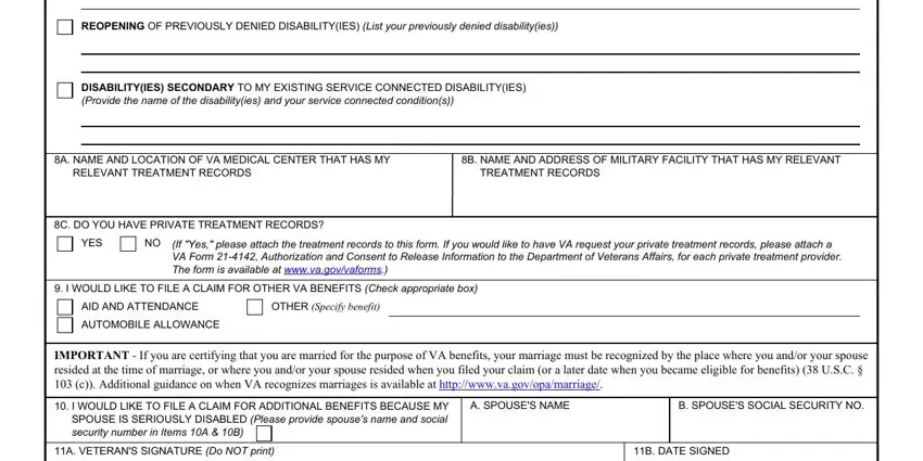 Filling in va disability increase request form step 2