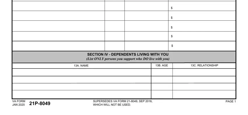 va form 21 8049 pdf SECTION IV  DEPENDENTS LIVING WITH, A NAME, B AGE, C RELATIONSHIP, VA FORM JAN  P, SUPERSEDES VA FORM  SEP  WHICH, and PAGE fields to fill