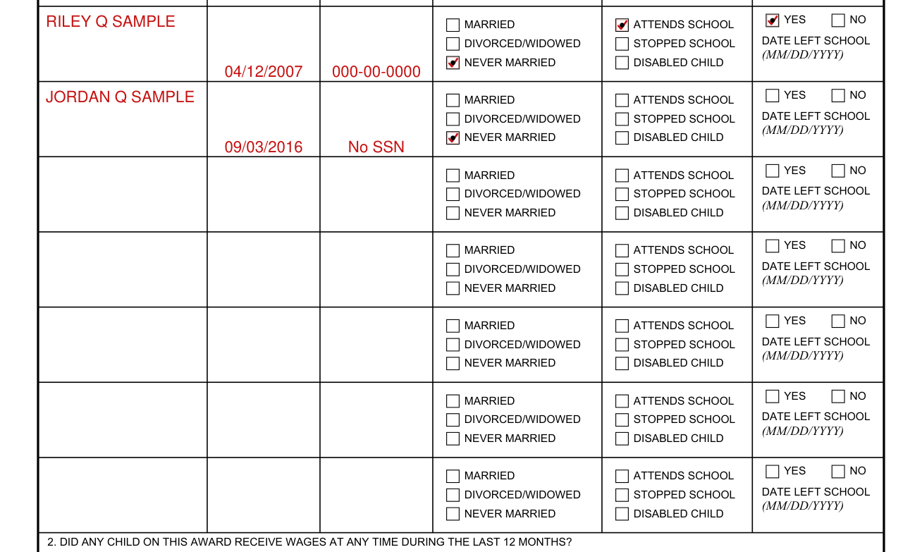Form 21P-0519C-1 example filled out, children's names, dates of birth and Social Security numbers
