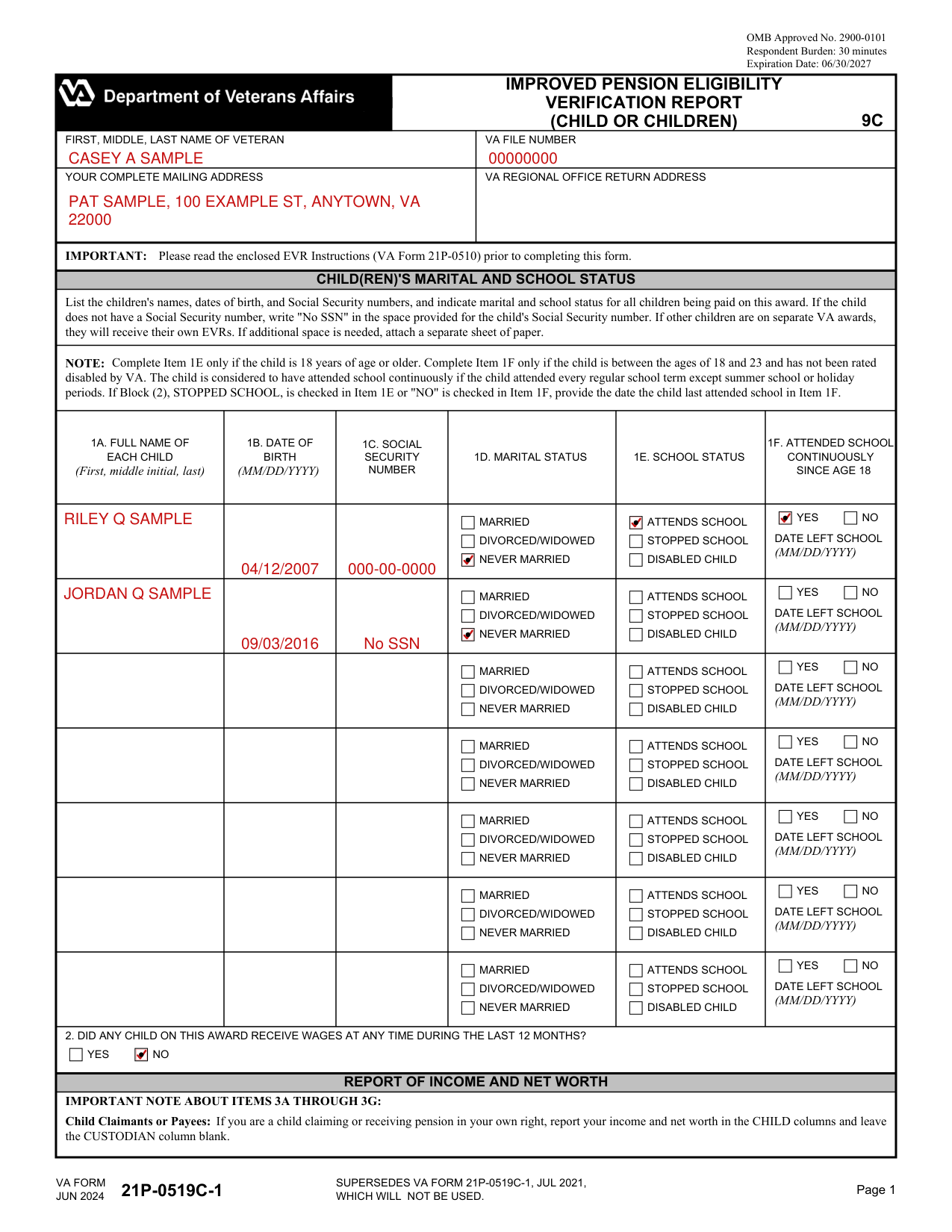 Form 21P-0519C-1 example filled out, example: a custodian reports on two children