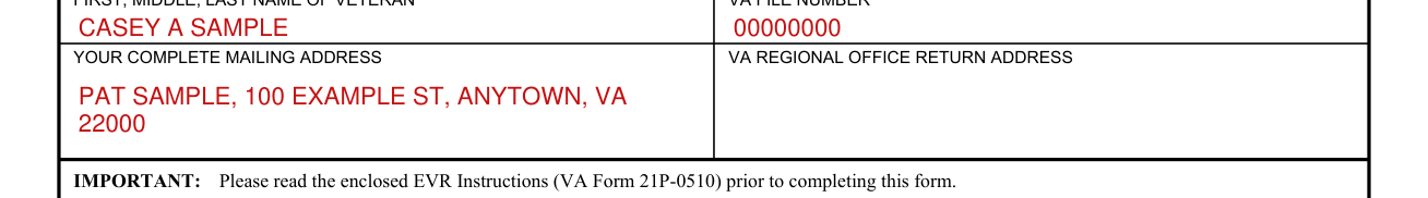 Form 21P-0519C-1 example filled out, veteran, VA file number and mailing address