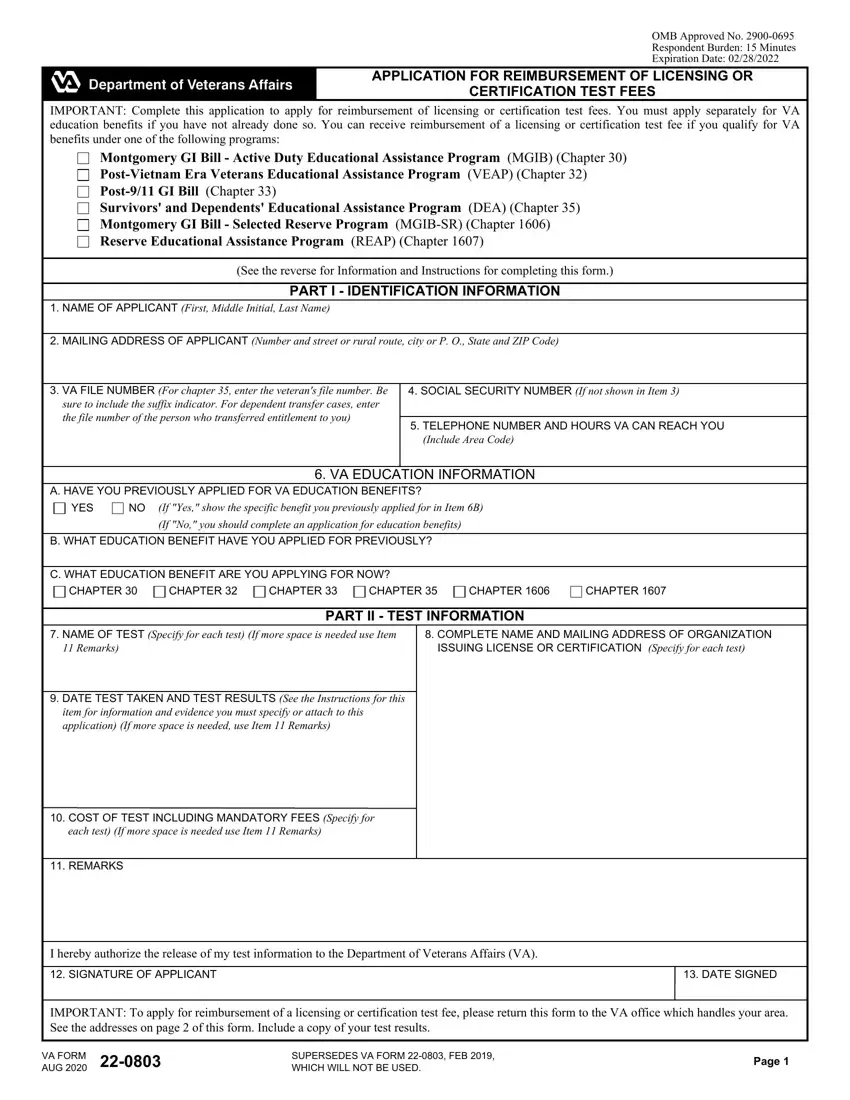 Va Form 22 0803 first page preview