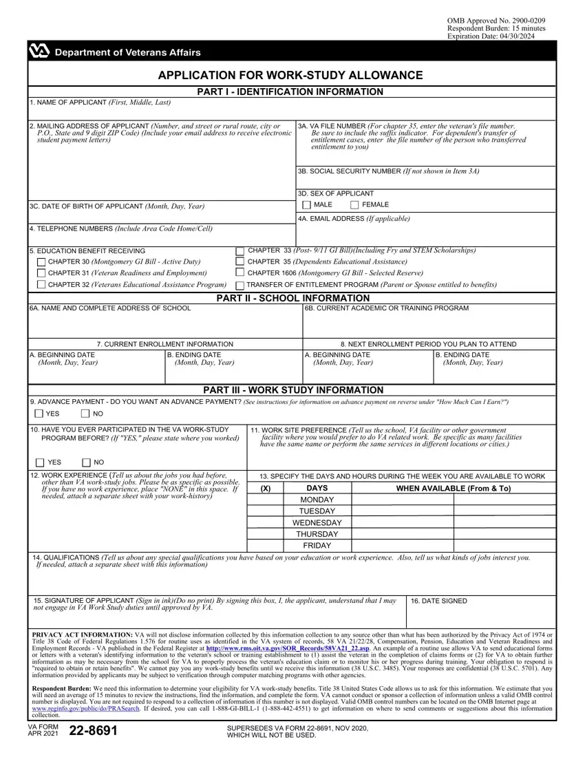 Va Form 22 8691 first page preview