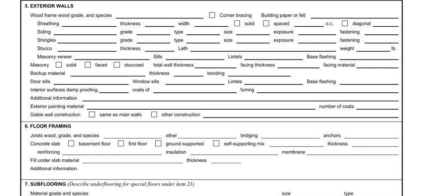 Va Form 26 1852 EXTERIOR WALLS, Wood frame wood grade and species, Corner bracing, Building paper or felt, Sheathing, Siding, Shingles, Stucco, thickness, grade, grade, thickness, width, type, and type fields to insert