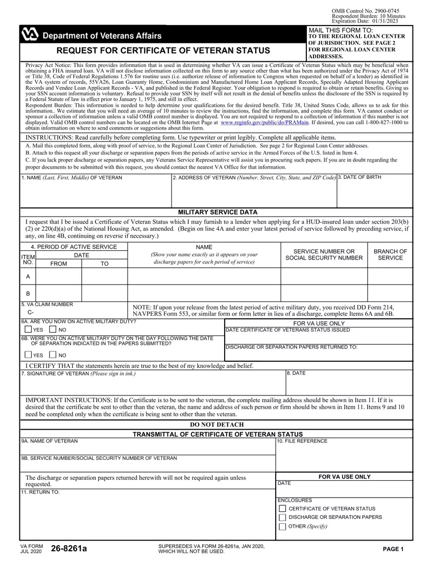 Va Form 26 8261A first page preview