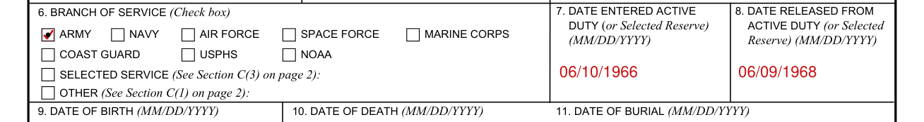VA Form 27-2008 example filled out, branch of service and the dates entered active duty and released