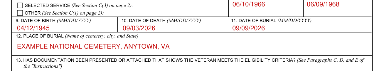 VA Form 27-2008 example filled out, dates of birth, death and burial and place of burial