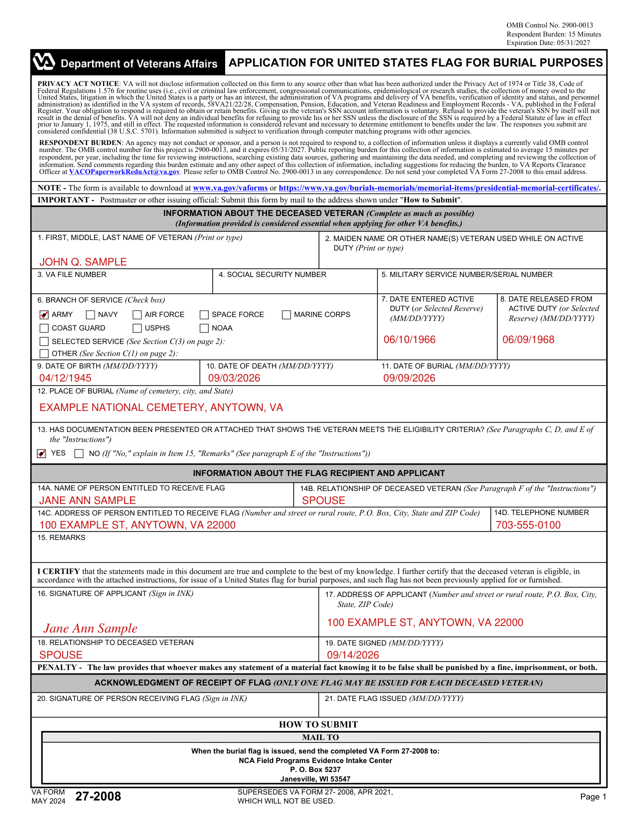 VA Form 27-2008 example filled out, example: a widow applies for her husband's burial flag