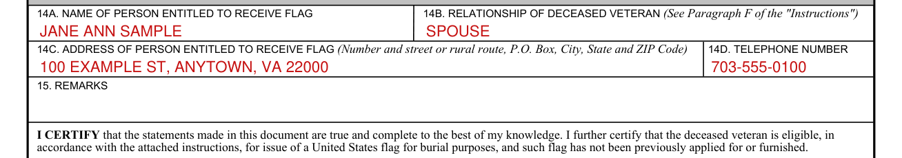 VA Form 27-2008 example filled out, flag recipient and remarks