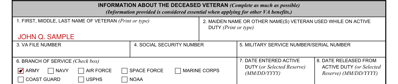 VA Form 27-2008 example filled out, name, other name, VA file number, Social Security Number and military service number