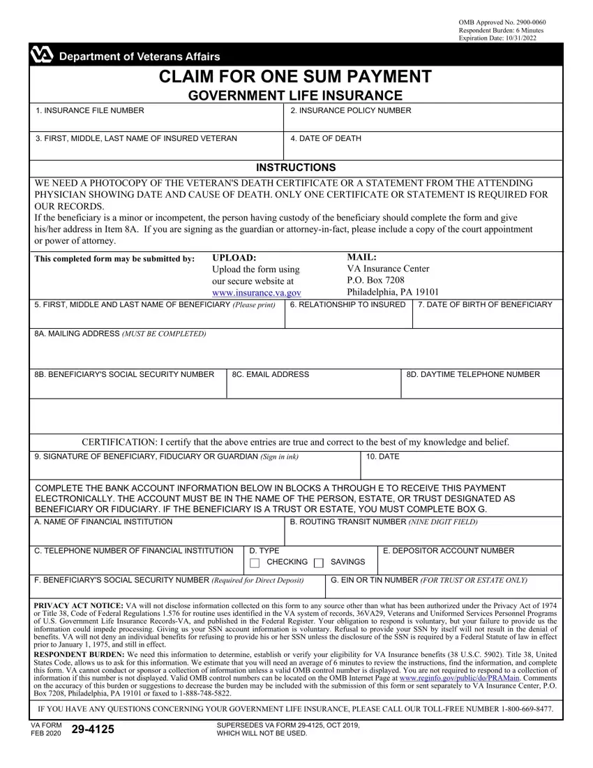 Va Form 29 4125 first page preview