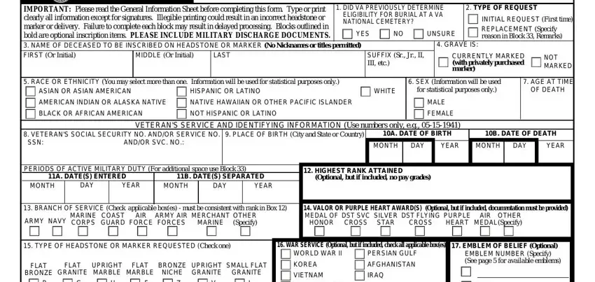 2017 2021 form va 40 1330 CLAIM FOR STANDARD GOVERNMENT, IMPORTANT Please read the General, MIDDLE Or Initial, LAST, YES, DID VA PREVIOUSLY DETERMINE, UNSURE, GRAVE IS, TYPE OF REQUEST, INITIAL REQUEST First time, RACE OR ETHNICITY You may select, ASIAN OR ASIAN AMERICAN, HISPANIC OR LATINO, AMERICAN INDIAN OR ALASKA NATIVE, and NATIVE HAWAIIAN OR OTHER PACIFIC fields to insert