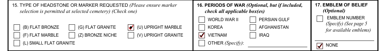 Form 40-1330 example filled out, type of headstone or marker, periods of war and emblem of belief