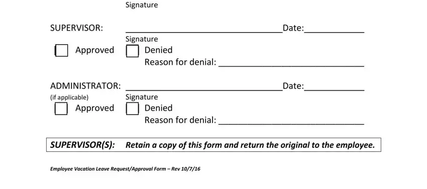 vacation request form template excel EMPLOYEESUPERVISOR, Signature, Signature, Date, Approved, DeniedReasonfordenial, ADMINISTRATORifapplicable, Signature, Date, Approved, and DeniedReasonfordenial blanks to fill out
