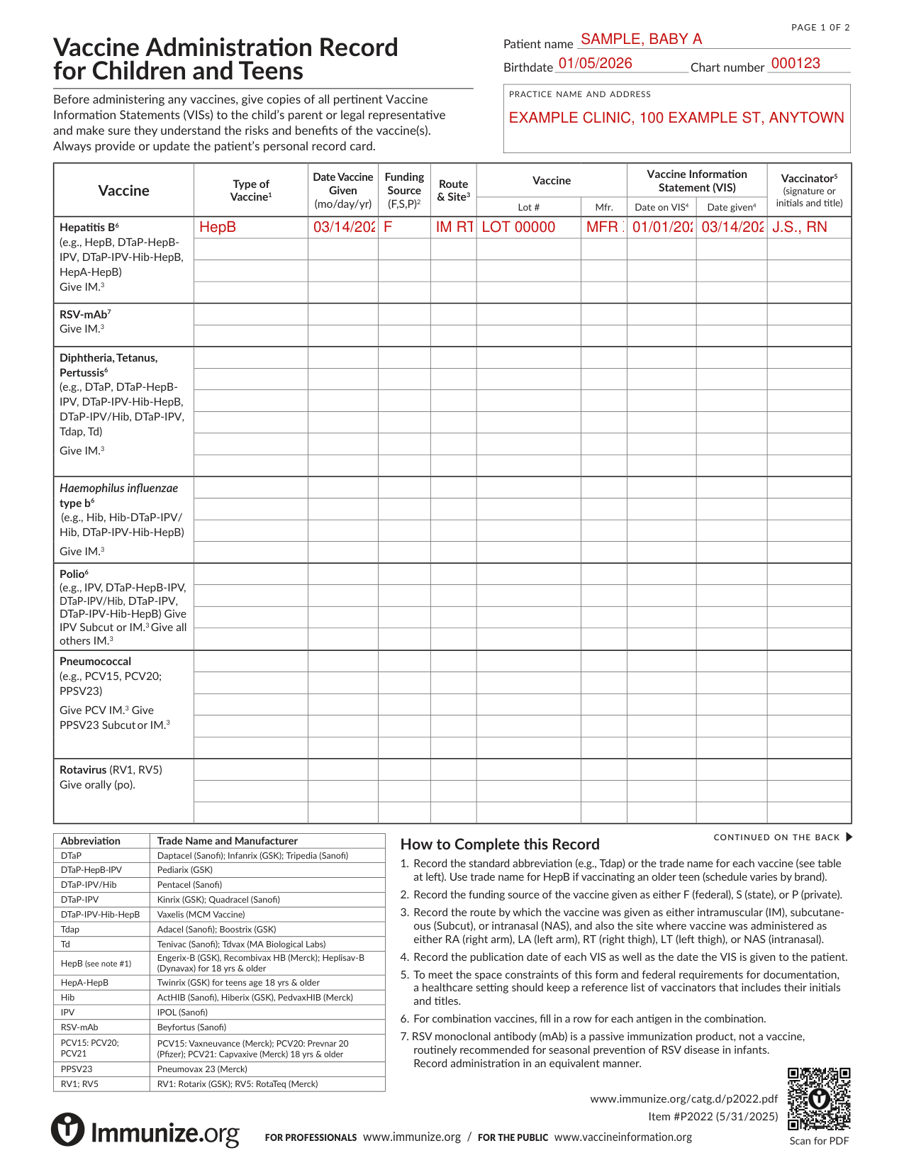 Vaccine Administration Record for Children and Teens example filled out, example: a nurse records one hepatitis B dose
