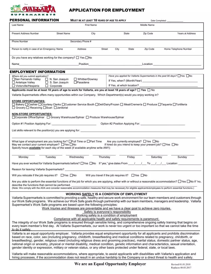 Vallarta Market Job Application Form first page preview