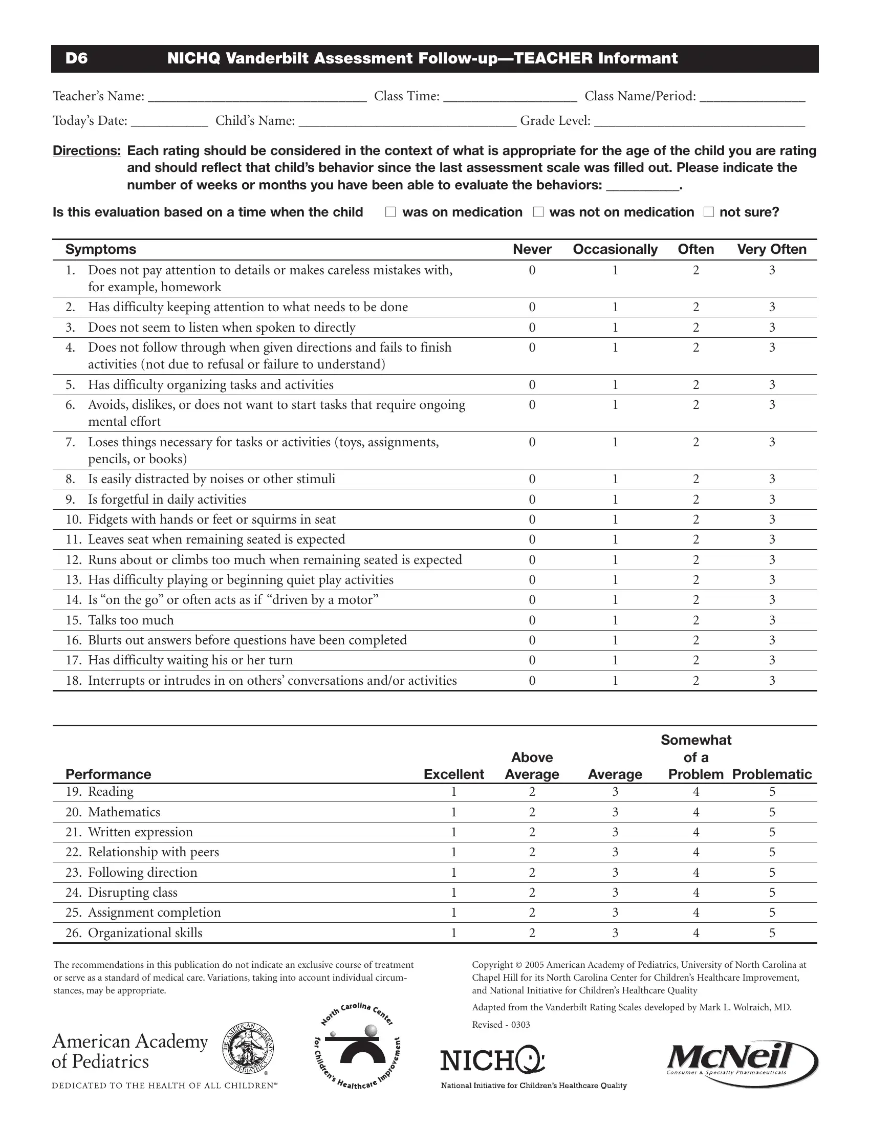 Vanderbilt Assessment Form Fill Out Printable PDF Forms Online