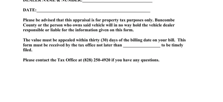 classic car appraisal form and report DEALER NAME  NUMBER, DATE, Please be advised that this, The value must be appealed within, and Please contact the Tax Office at fields to fill out