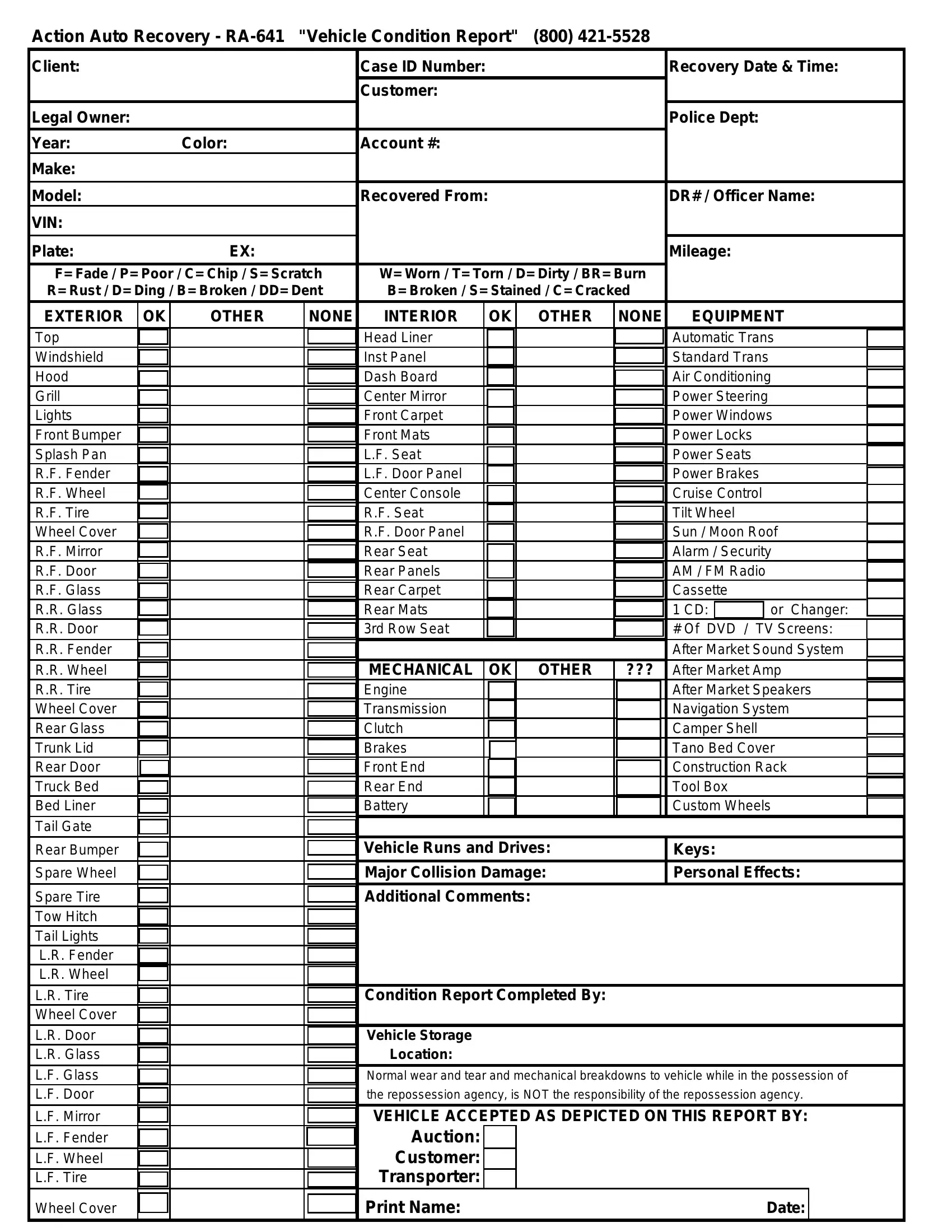 Vehicle Condition Report Form Fill Out Printable PDF Forms Online