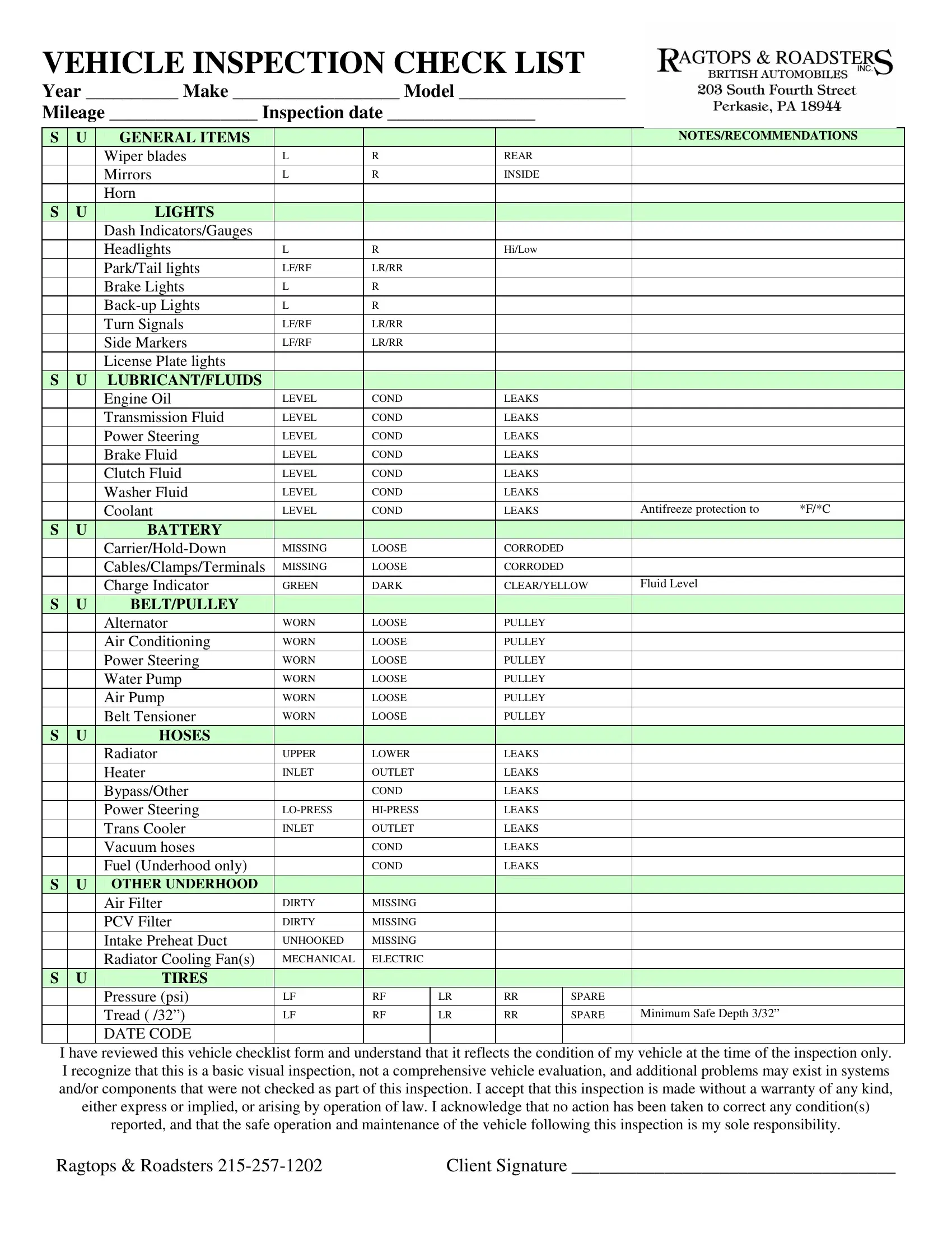 Vehicle Safety Inspection Checklist PDF Form FormsPal