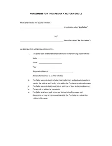 Vehicle Sale Agreement Form Preview
