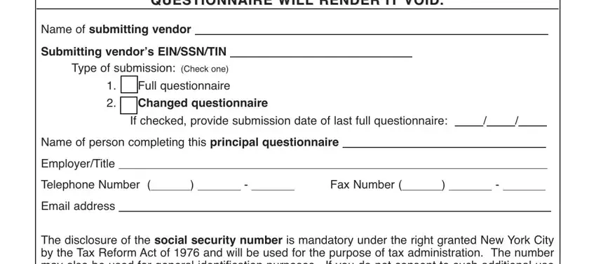 nyc vendex principal questionnaire Nameofsubmittingvendor, EmployerTitle, TelephoneNumber, FaxNumber, and Emailaddress blanks to fill out