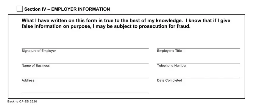 verification employment form template SectionIVEMPLOYERINFORMATION, SignatureofEmployer, EmployersTitle, NameofBusiness, TelephoneNumber, Address, DateCompleted, and BacktoCFES fields to fill