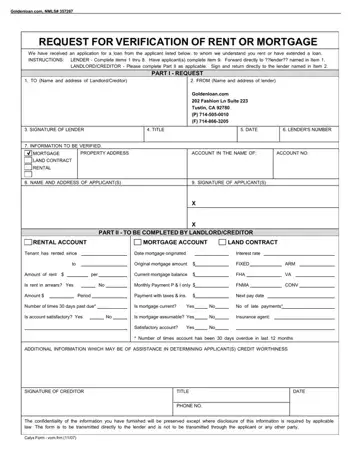 Request for Verification of Rent or Mortgage Form Preview