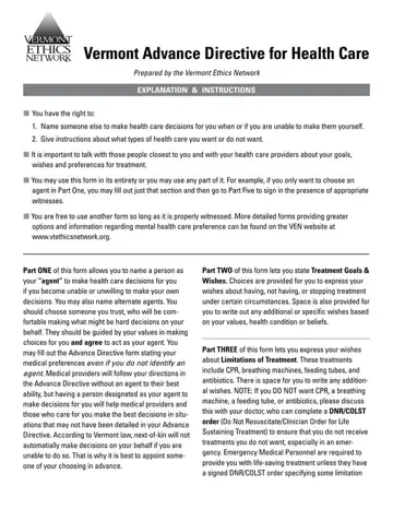 Vermont Directive Health Care Form Preview