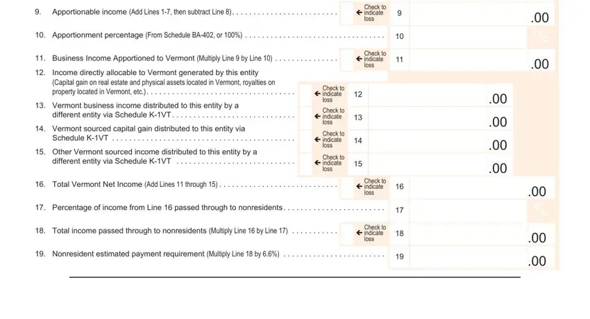 1120S Apportionable income Add Lines, Check to ç indicate loss, Apportionment percentage From, Business Income Apportioned to, Check to ç indicate loss, Income directly allocable to, Vermont business income, different entity via Schedule KVT, Vermont sourced capital gain, Schedule KVT, Other Vermont sourced income, different entity via Schedule KVT, Check to ç indicate loss, Check to ç indicate loss, and Check to ç indicate loss blanks to fill