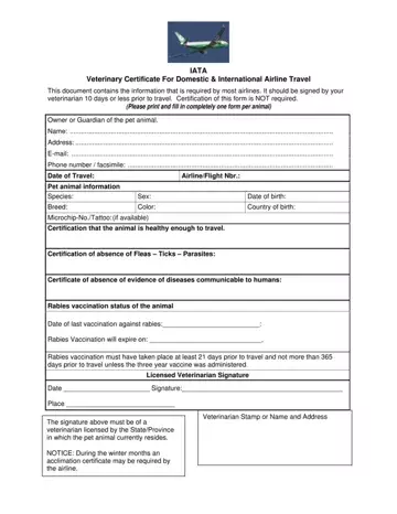 Veterinary Certificate Travel Form Preview