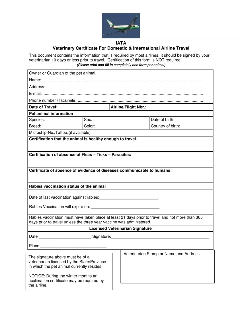 Veterinary Certificate Travel Form first page preview
