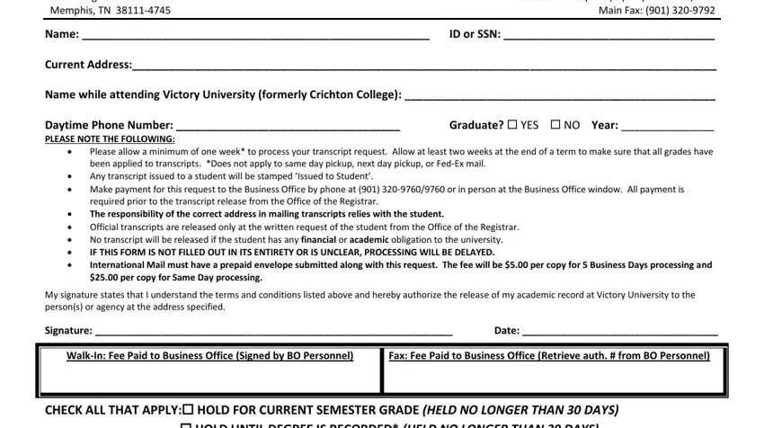 portion of empty spaces in victory university transcript request