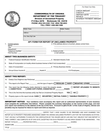 Virginia Form Unclaimed Property Preview
