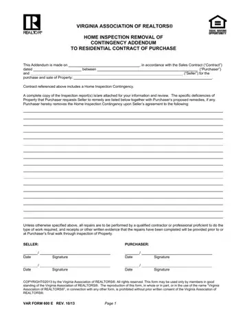Virginia Home Inspection Addendum Form Preview