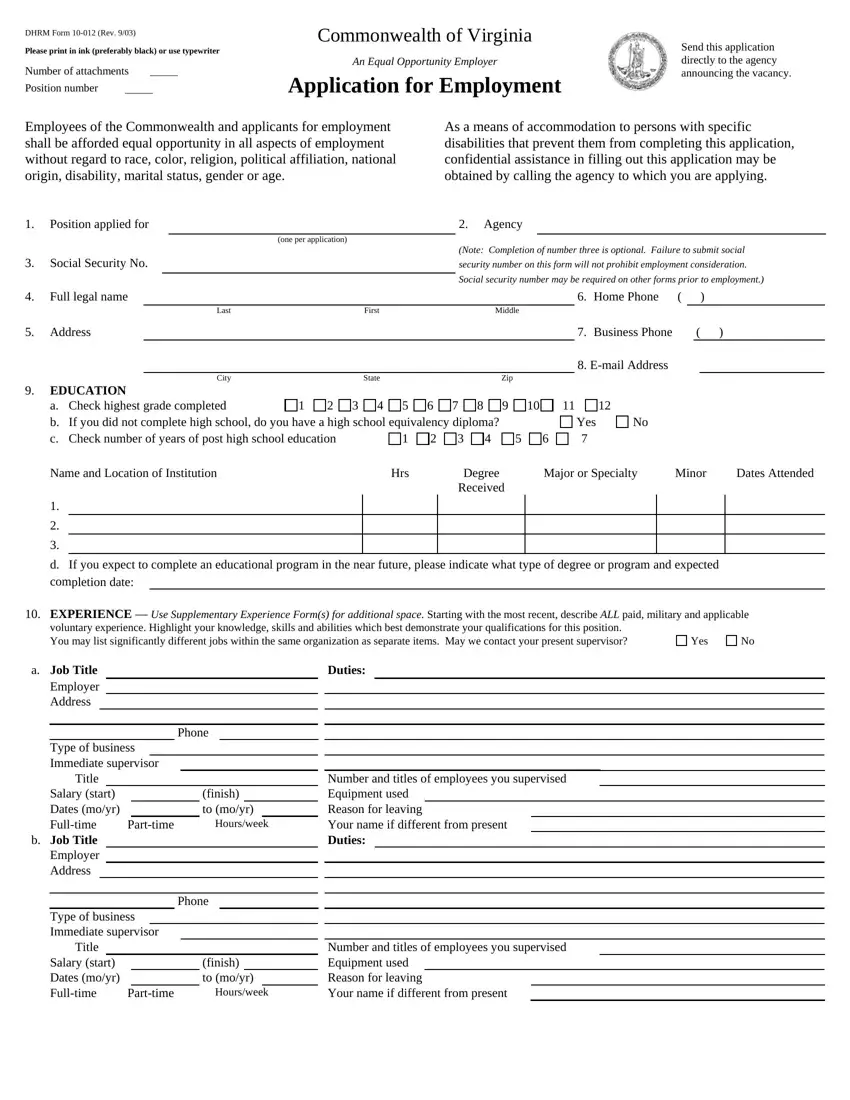 Virginia Job Application first page preview