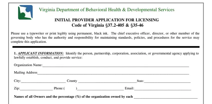 portion of blanks in va initial application licensing