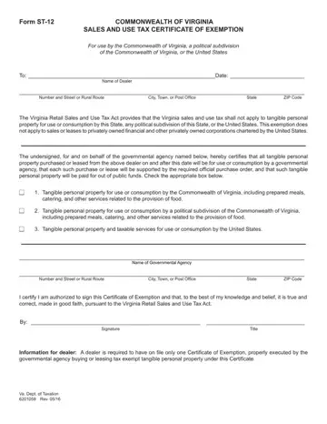 Virginia Sales Tax Exemption Form ST-12 Preview