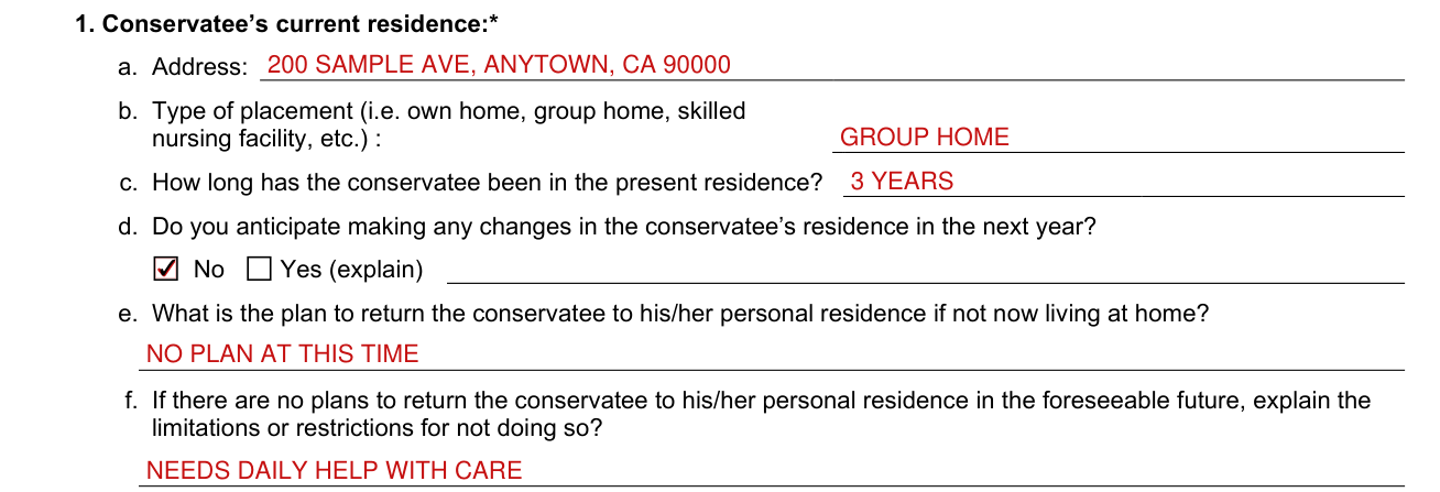 Form VN233 example filled out, conservatee's current residence